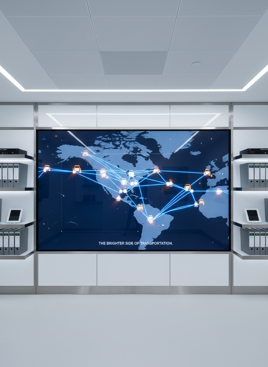 A large wall-mounted, glass-surfaced digital map in a modern logistics operations room, displaying a stylized network of bright, glowing routes crisscrossing a simplified North American landscape. Small, luminous icons of trucks move along primary corridors, with key hubs highlighted as brighter nodes. The surrounding environment features clean white walls, brushed metal trims, and minimalist shelving with neatly arranged binders and equipment, all slightly out of focus to keep the map central. Cool, evenly distributed overhead LED lighting creates a crisp, high-tech feel with minimal shadows. The photographic composition is straight-on and symmetrical, emphasizing control and coordination. The mood is analytical, organized, and confident, representing the strategic oversight behind trucking logistics on "The Brighter Side of transportation."