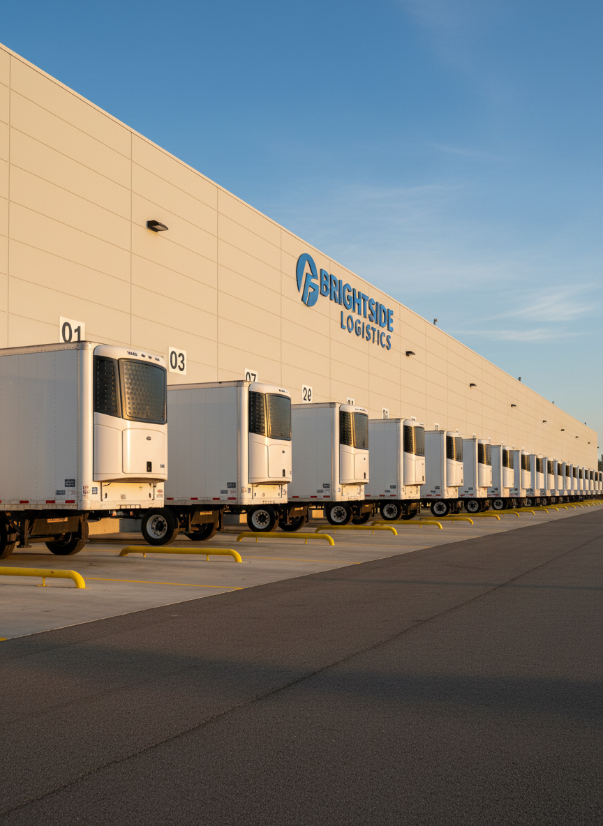 A row of immaculate white refrigerated trailers and dry vans lined up at a modern distribution center, each trailer backed precisely to a set of loading bay doors with numbered signage. The building exterior is clean and minimalist, featuring light gray panels and subtle yellow safety markings along the dock edges. Late afternoon sunlight creates warm highlights on the trailer sides and understated shadows under the dock overhangs. The camera is positioned at a slightly low angle, emphasizing the scale and orderliness of the operation, with sharp focus throughout. The mood is disciplined, dependable, and professional, demonstrating Brightside Logistics’ capacity to handle diverse freight in a streamlined environment with photographic realism.