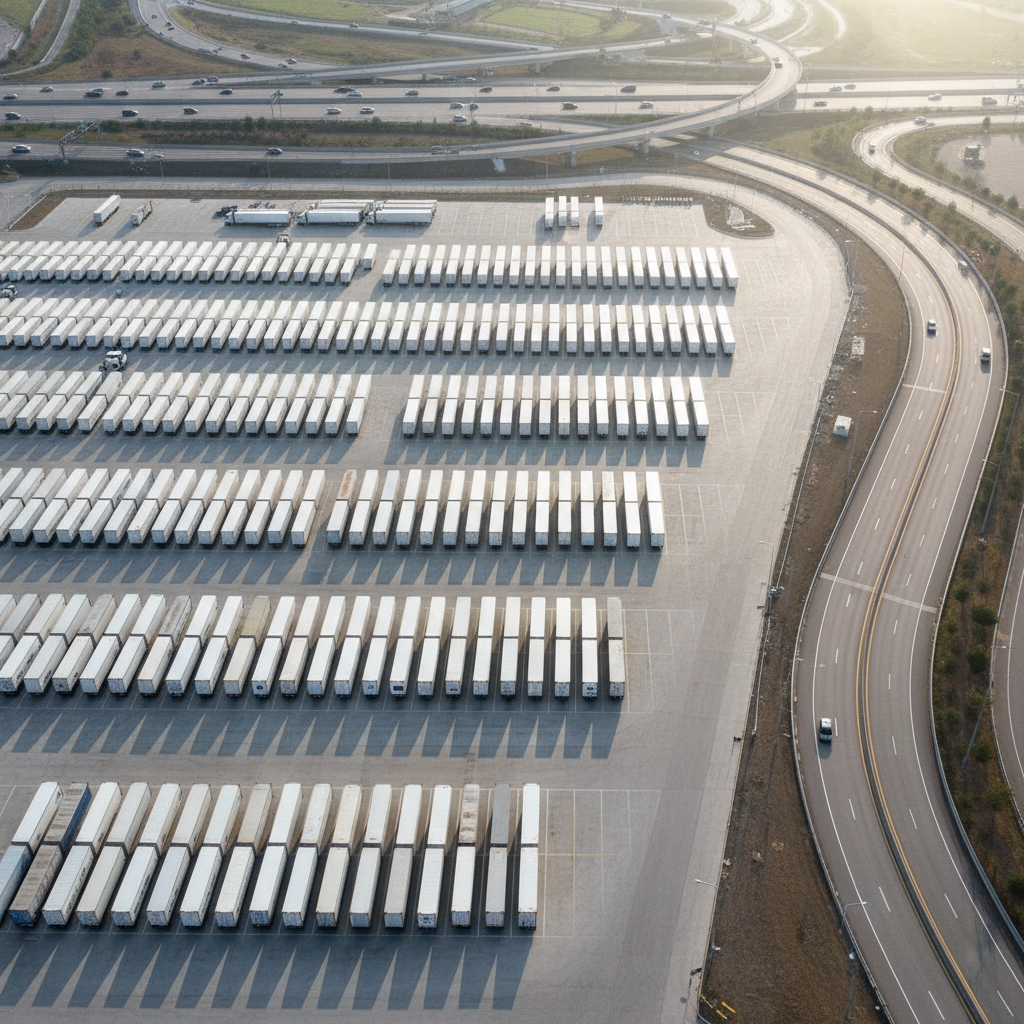 An aerial, photographic view of a modern logistics yard with neatly arranged white trailers and containers forming clean geometric patterns, all aligned with efficient precision. Wide concrete lanes curve smoothly between them, leading toward a sunlit exit road that symbolizes forward movement. The scene is illuminated by bright, diffused midday light, minimizing harsh shadows and creating a crisp, clear atmosphere. Distant highways and overpasses subtly frame the background, suggesting connection and nationwide reach. The composition uses strong leading lines to guide the eye through the network of trailers, evoking order, scale, and reliability. The style is clean, modern, and professional, perfectly suited to a trucking logistics brand focused on clarity and control.