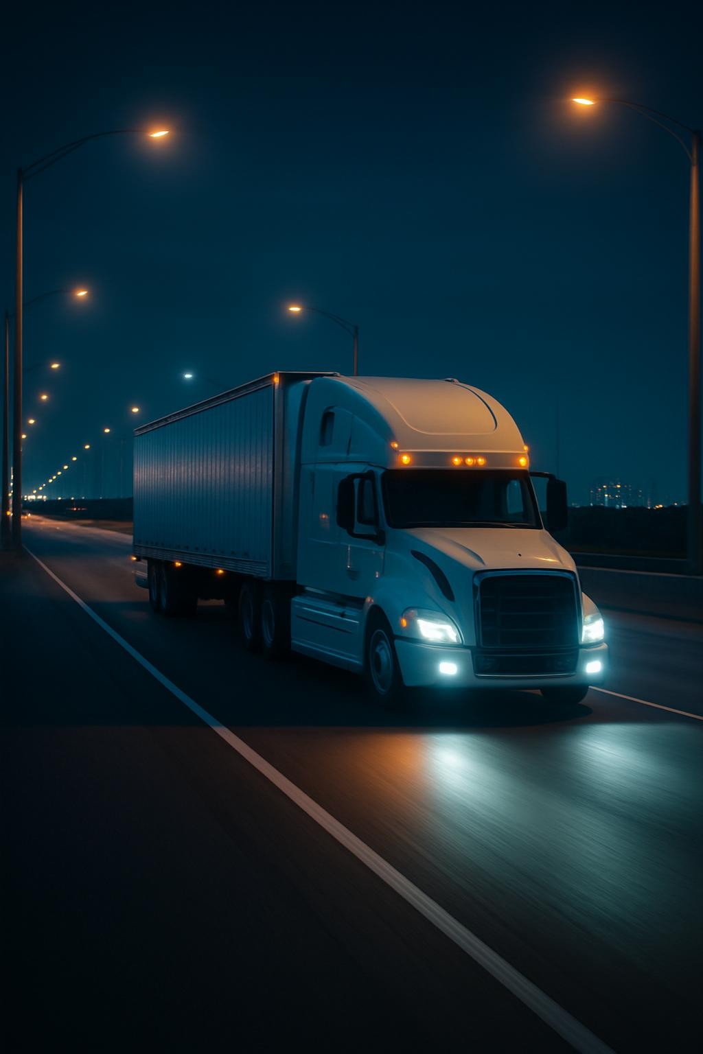 A cinematic, photographic night scene of a Brightside-style white semi-truck cruising along a well-lit interstate, its headlights casting bright beams on the smooth asphalt and reflective lane markings. Soft blue and amber hues from overhead highway lights create a dynamic interplay of color on the truck’s cab and trailer. The city skyline glows faintly on the horizon, suggesting long-distance connectivity and continuous operation. Captured from a low, three-quarter front angle, the truck appears powerful and steady, with subtle motion blur in the road and background to emphasize movement. The mood is dependable and reassuring, conveying 24/7 trucking logistics that keep freight moving safely through the night while maintaining a clean, modern, professional aesthetic.
